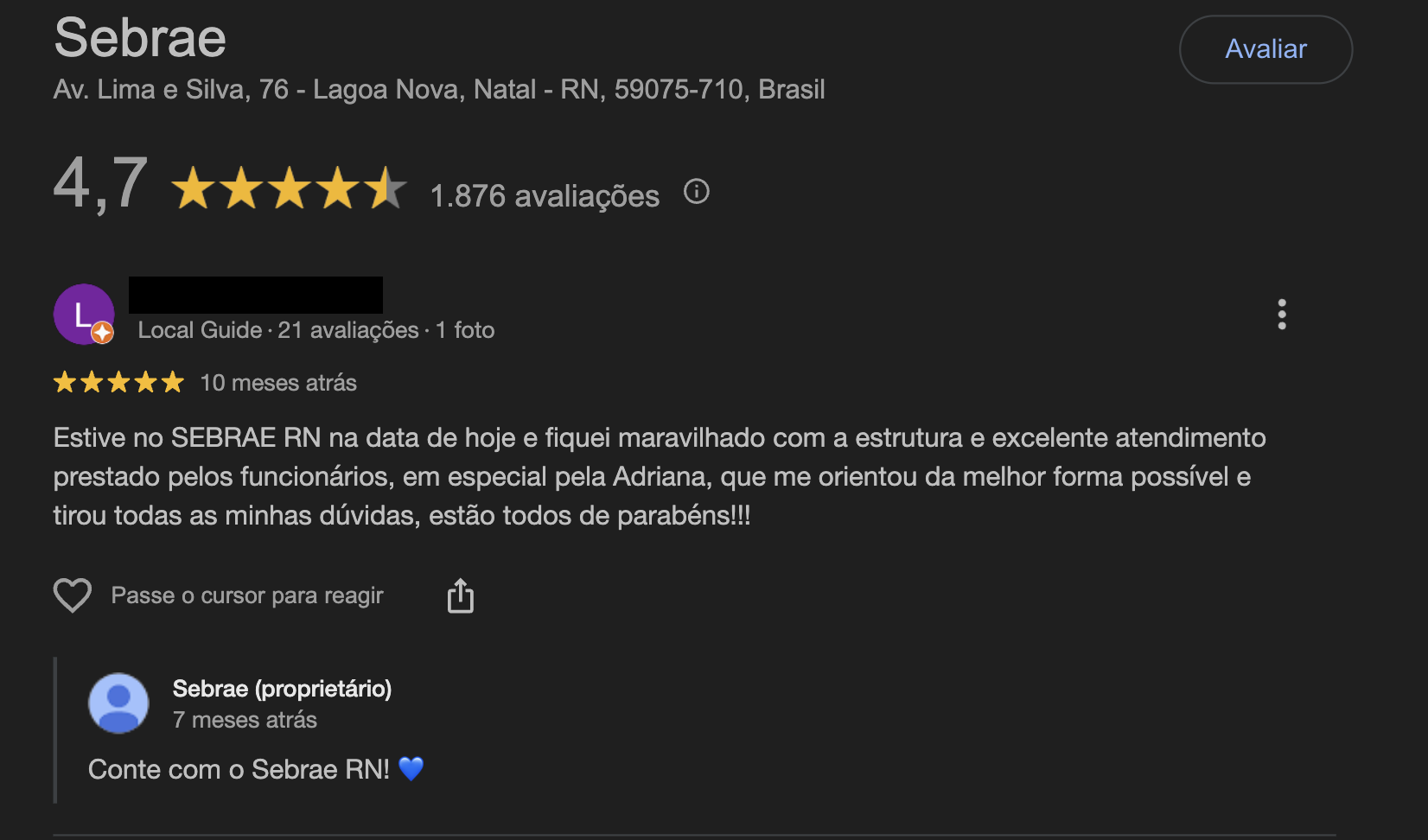 Google Perfil da Empresa - Sebrae RN