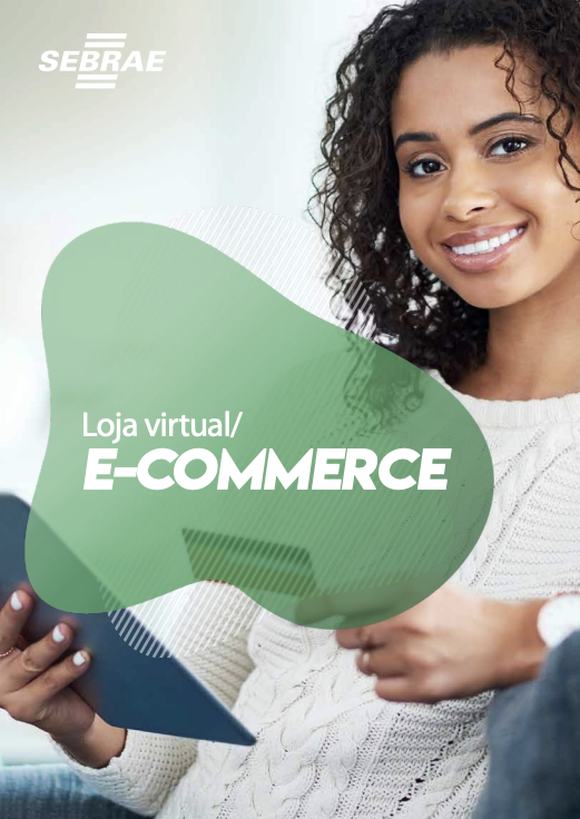 capa do ebook loja virtual/ecommerce - modelo sorri olhando para a câmera enquanto segura um cartão de crédito na mão esquerda e um tablet na direta. ebook loja virtual-ecommerce-sebrae rn